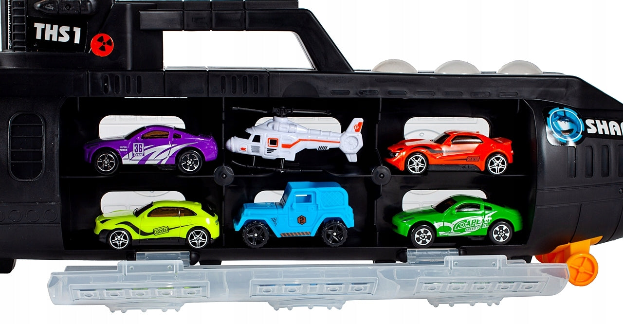 SUBMARIN Multifunctional The Black Shark idealSTORE, Dimensiuni 50 x 10 x 18 cm, Include 5 masinute de diferite culori, elice si un elicopter, Dezvolta imaginatia copilului