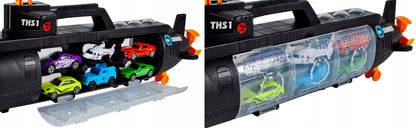 SUBMARIN Multifunctional The Black Shark idealSTORE, Dimensiuni 50 x 10 x 18 cm, Include 5 masinute de diferite culori, elice si un elicopter, Dezvolta imaginatia copilului