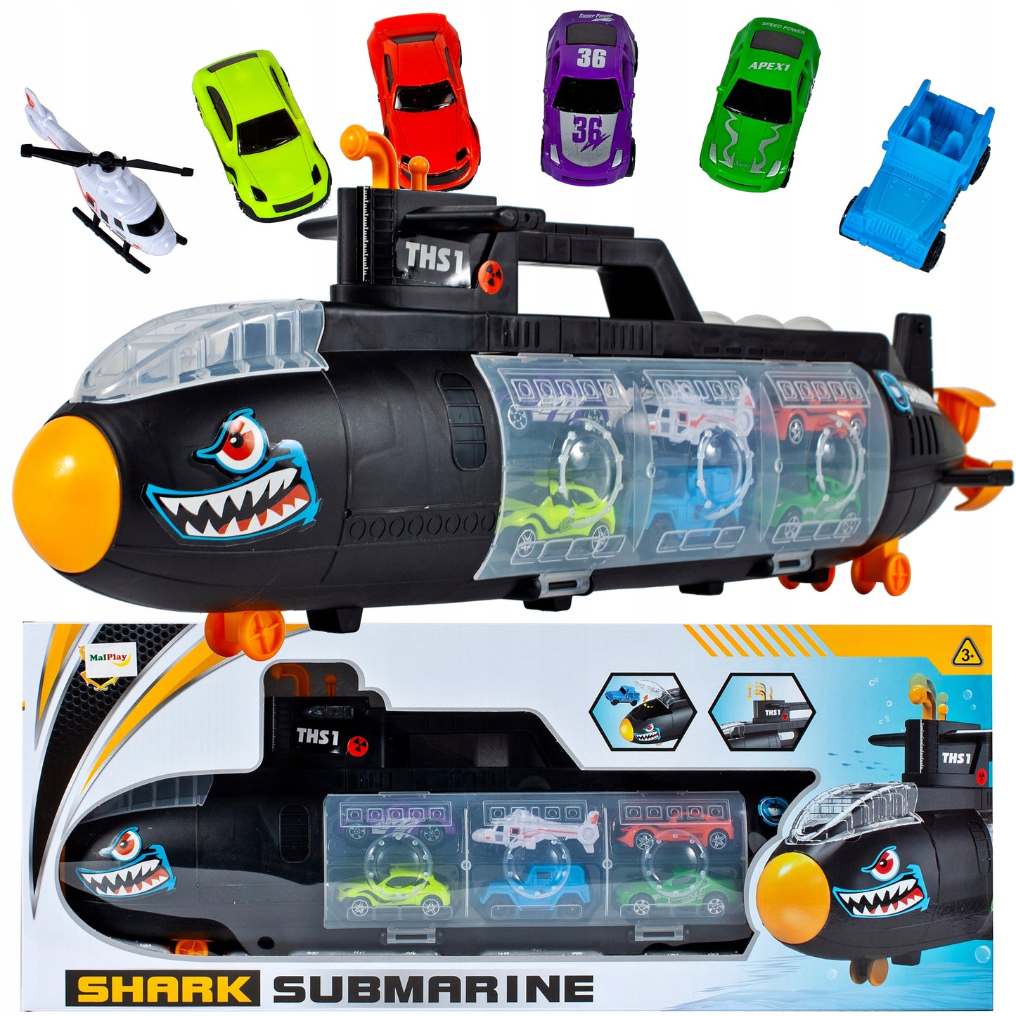 SUBMARIN Multifunctional The Black Shark idealSTORE, Dimensiuni 50 x 10 x 18 cm, Include 5 masinute de diferite culori, elice si un elicopter, Dezvolta imaginatia copilului