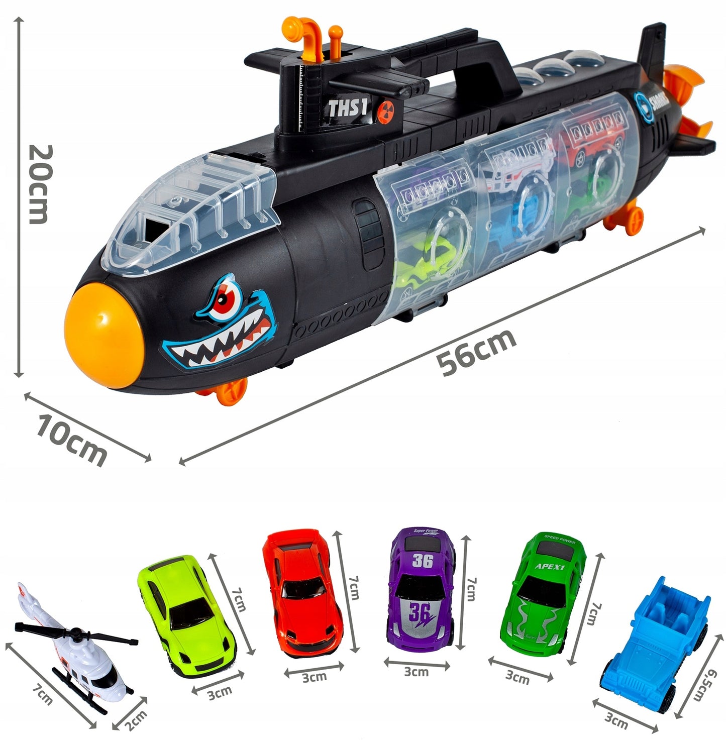 SUBMARIN Multifunctional The Black Shark idealSTORE, Dimensiuni 50 x 10 x 18 cm, Include 5 masinute de diferite culori, elice si un elicopter, Dezvolta imaginatia copilului