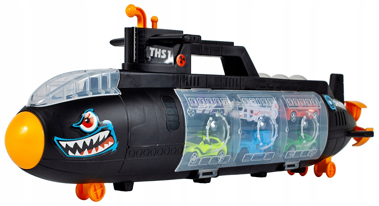SUBMARIN Multifunctional The Black Shark idealSTORE, Dimensiuni 50 x 10 x 18 cm, Include 5 masinute de diferite culori, elice si un elicopter, Dezvolta imaginatia copilului