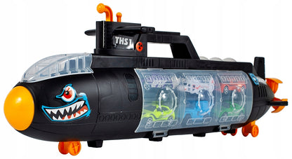 SUBMARIN Multifunctional The Black Shark idealSTORE, Dimensiuni 50 x 10 x 18 cm, Include 5 masinute de diferite culori, elice si un elicopter, Dezvolta imaginatia copilului