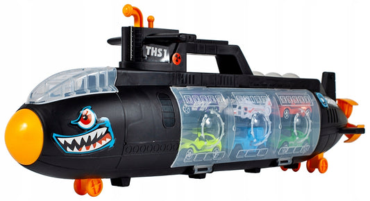 SUBMARIN Multifunctional The Black Shark idealSTORE, Dimensiuni 50 x 10 x 18 cm, Include 5 masinute de diferite culori, elice si un elicopter, Dezvolta imaginatia copilului
