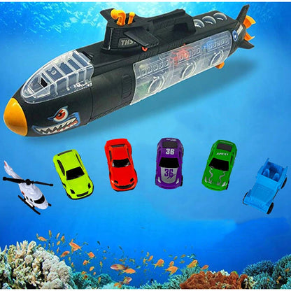 SUBMARIN Multifunctional The Black Shark idealSTORE, Dimensiuni 50 x 10 x 18 cm, Include 5 masinute de diferite culori, elice si un elicopter, Dezvolta imaginatia copilului
