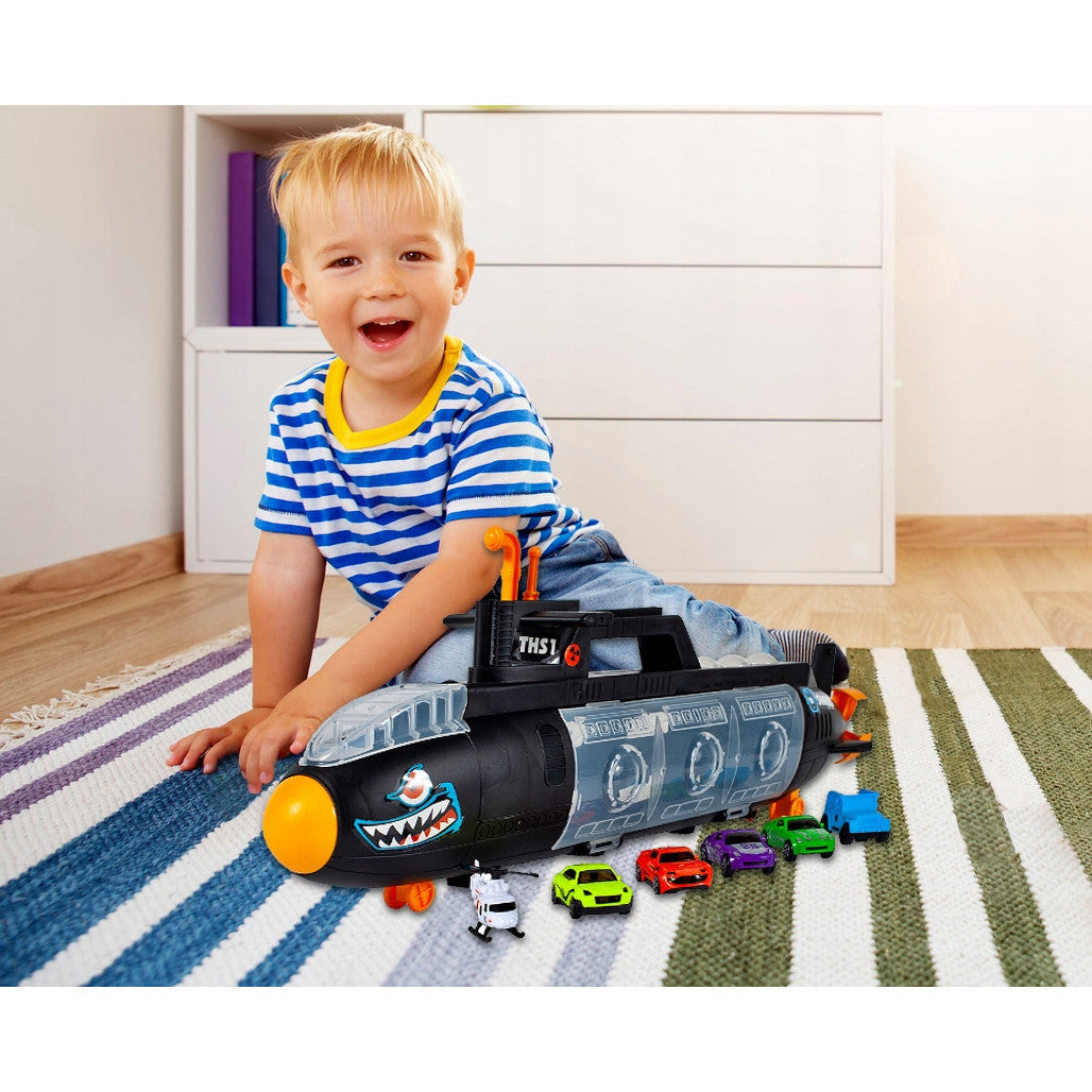 SUBMARIN Multifunctional The Black Shark idealSTORE, Dimensiuni 50 x 10 x 18 cm, Include 5 masinute de diferite culori, elice si un elicopter, Dezvolta imaginatia copilului