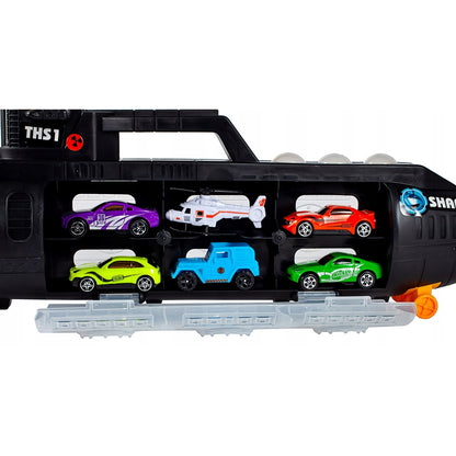 SUBMARIN Multifunctional The Black Shark idealSTORE, Dimensiuni 50 x 10 x 18 cm, Include 5 masinute de diferite culori, elice si un elicopter, Dezvolta imaginatia copilului