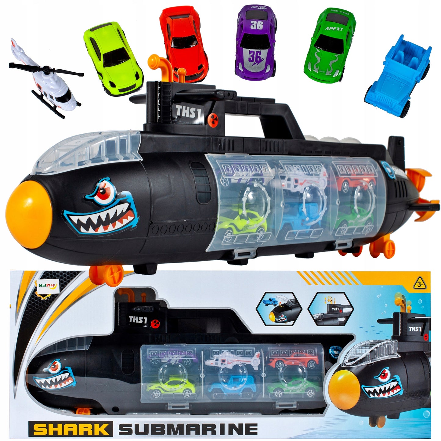 SUBMARIN Multifunctional The Black Shark idealSTORE, Dimensiuni 50 x 10 x 18 cm, Include 5 masinute de diferite culori, elice si un elicopter, Dezvolta imaginatia copilului