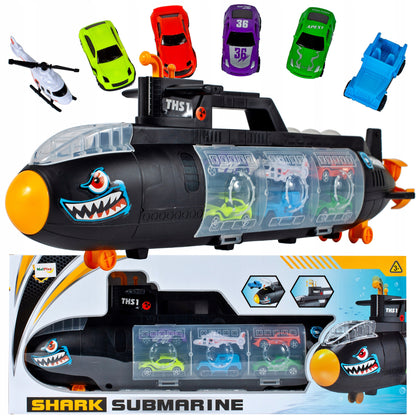SUBMARIN Multifunctional The Black Shark idealSTORE, Dimensiuni 50 x 10 x 18 cm, Include 5 masinute de diferite culori, elice si un elicopter, Dezvolta imaginatia copilului