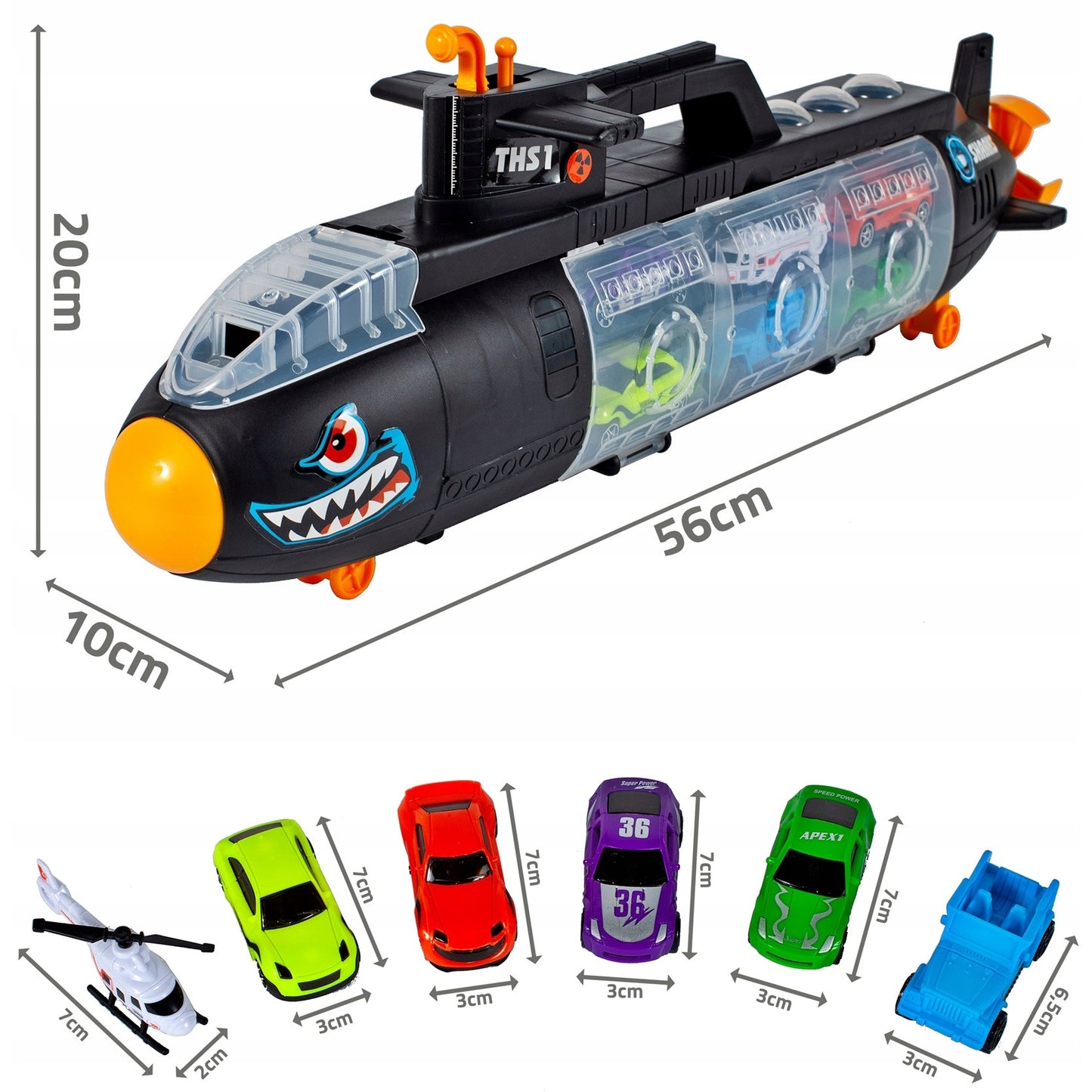 SUBMARIN Multifunctional The Black Shark idealSTORE, Dimensiuni 50 x 10 x 18 cm, Include 5 masinute de diferite culori, elice si un elicopter, Dezvolta imaginatia copilului