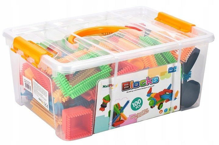 Blocuri de constructie Educational Block idealStore, 100 de blocuri in diverse forme si Culori, Brosura cu idei Ofera multe ore de distractie, Dezvolta Abilitatile motorii si coordonarea psihomotorie