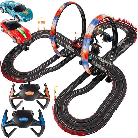 Pista de Curse cu 2 Masini NewYork Race idealStore, 2 Telecomenzi, Bucle Luminoase, Multimodel, Reglare Viteza, Multicolor