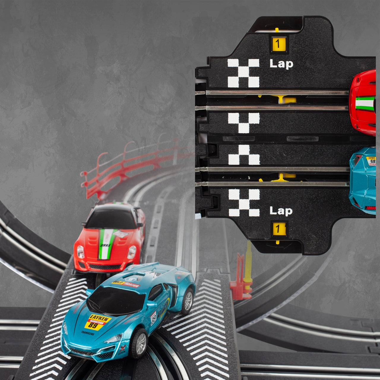 Pista de Curse cu 2 Masini NewYork Race idealStore, 2 Telecomenzi, Bucle Luminoase, Multimodel, Reglare Viteza, Multicolor