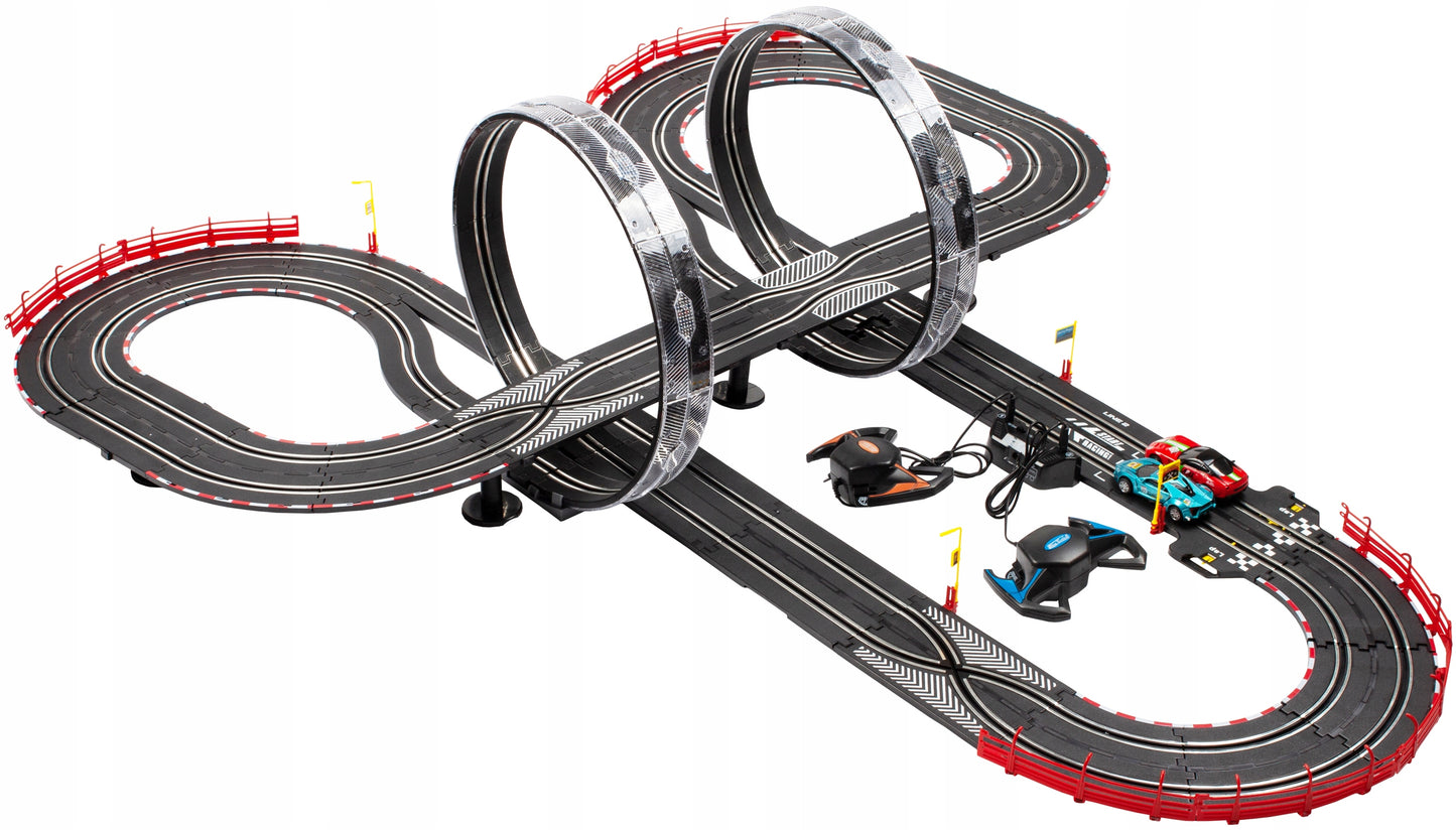 Pista de Curse cu 2 Masini NewYork Race idealStore, 2 Telecomenzi, Bucle Luminoase, Multimodel, Reglare Viteza, Multicolor