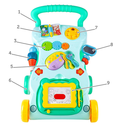 Antemergator Interactiv Muzical idealStore EasyWalk cu Tabla de Scris si Taste, Multifunctional, Stabil, Maner Confortabil, 12 Melodii, Stimuleaza Atentia, Verde