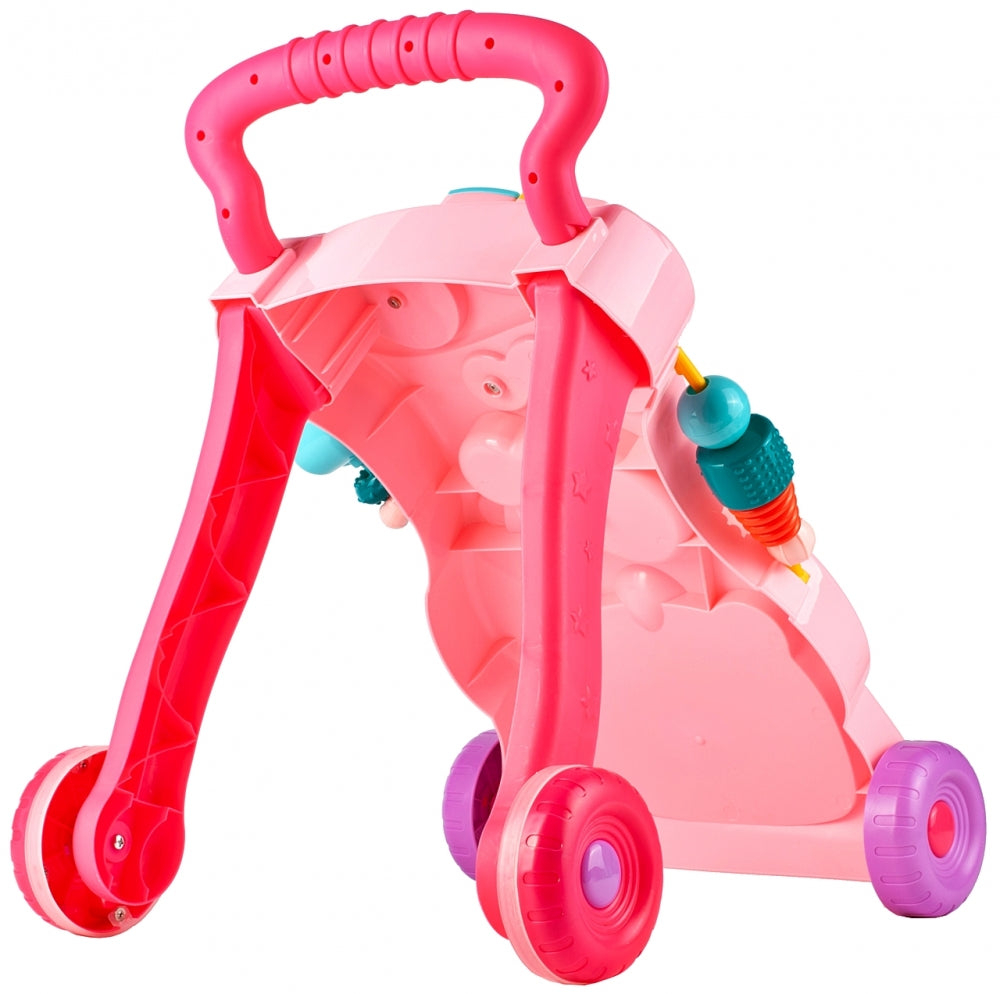 Antemergator Interactiv Muzical idealStore EasyWalk cu Tabla de Scris si Taste, Multifunctional, Stabil, Maner Confortabil, 12 Melodii, Stimuleaza Atentia, Roz