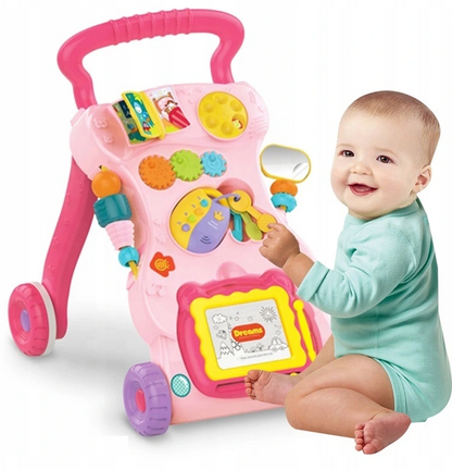 Antemergator Interactiv Muzical idealStore EasyWalk cu Tabla de Scris si Taste, Multifunctional, Stabil, Maner Confortabil, 12 Melodii, Stimuleaza Atentia, Roz