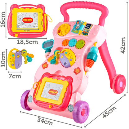 Antemergator Interactiv Muzical idealStore EasyWalk cu Tabla de Scris si Taste, Multifunctional, Stabil, Maner Confortabil, 12 Melodii, Stimuleaza Atentia, Roz