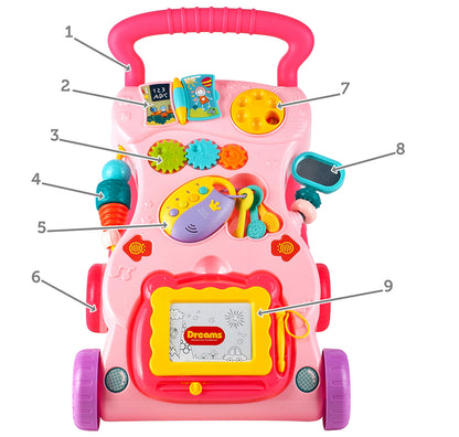 Antemergator Interactiv Muzical idealStore EasyWalk cu Tabla de Scris si Taste, Multifunctional, Stabil, Maner Confortabil, 12 Melodii, Stimuleaza Atentia, Roz
