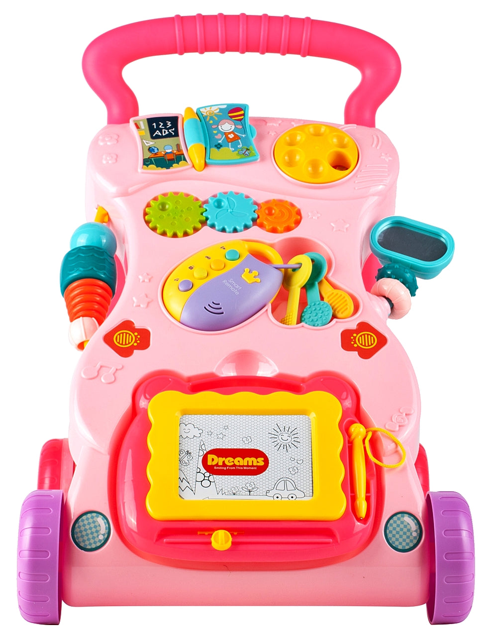 Antemergator Interactiv Muzical idealStore EasyWalk cu Tabla de Scris si Taste, Multifunctional, Stabil, Maner Confortabil, 12 Melodii, Stimuleaza Atentia, Roz