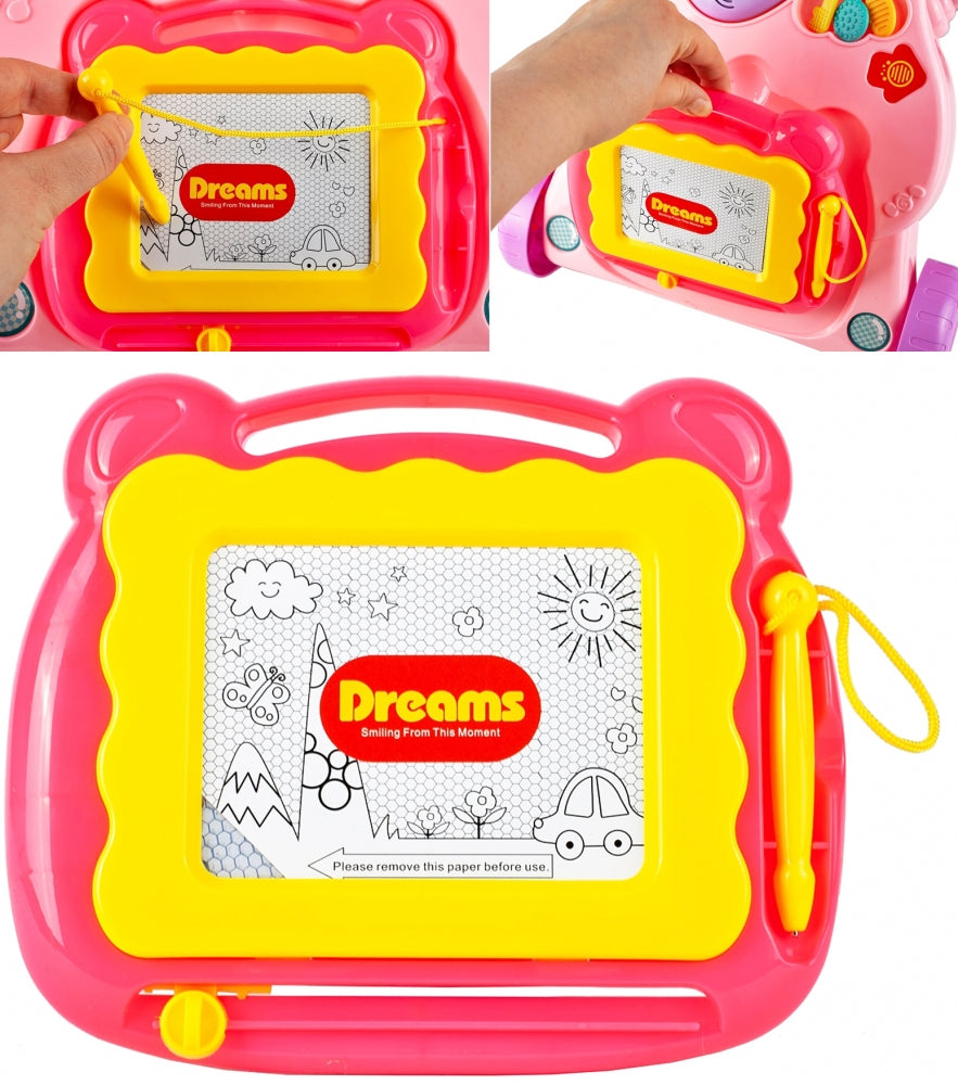 Antemergator Interactiv Muzical idealStore EasyWalk cu Tabla de Scris si Taste, Multifunctional, Stabil, Maner Confortabil, 12 Melodii, Stimuleaza Atentia, Roz
