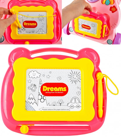 Antemergator Interactiv Muzical idealStore EasyWalk cu Tabla de Scris si Taste, Multifunctional, Stabil, Maner Confortabil, 12 Melodii, Stimuleaza Atentia, Roz