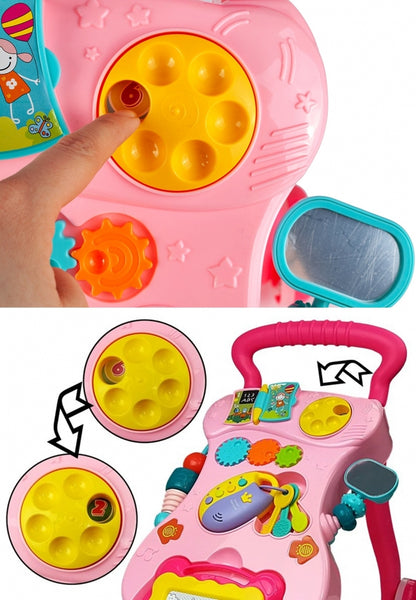 Antemergator Interactiv Muzical idealStore EasyWalk cu Tabla de Scris si Taste, Multifunctional, Stabil, Maner Confortabil, 12 Melodii, Stimuleaza Atentia, Roz