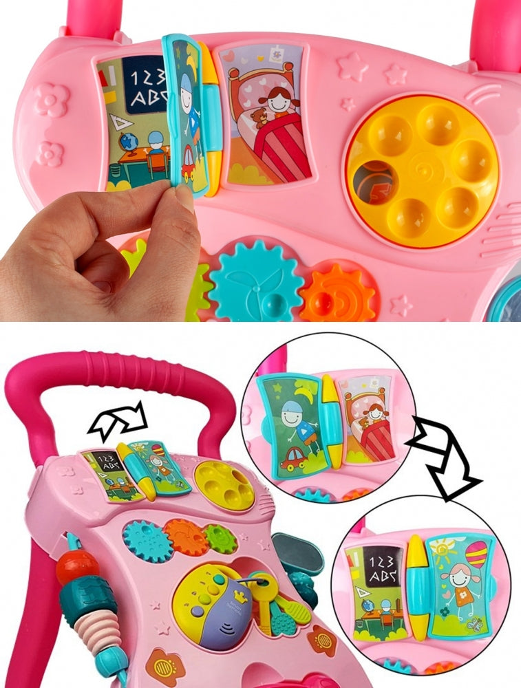 Antemergator Interactiv Muzical idealStore EasyWalk cu Tabla de Scris si Taste, Multifunctional, Stabil, Maner Confortabil, 12 Melodii, Stimuleaza Atentia, Roz