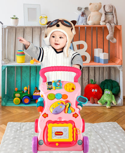 Antemergator Interactiv Muzical idealStore EasyWalk cu Tabla de Scris si Taste, Multifunctional, Stabil, Maner Confortabil, 12 Melodii, Stimuleaza Atentia, Roz