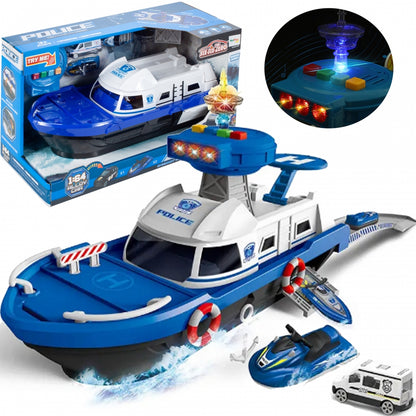 Barca de politie cu sunete si lumini idealSTORE MARINE POLICE Dimensiuni 20 x 17 x 43, Include duba de politie, jet ski, barca cu motor, Stimuleaza imaginatia copilului
