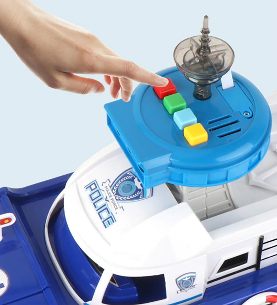 Barca de politie cu sunete si lumini idealSTORE MARINE POLICE Dimensiuni 20 x 17 x 43, Include duba de politie, jet ski, barca cu motor, Stimuleaza imaginatia copilului