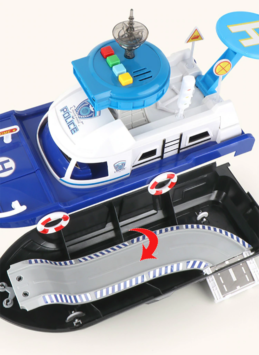 Barca de politie cu sunete si lumini idealSTORE MARINE POLICE Dimensiuni 20 x 17 x 43, Include duba de politie, jet ski, barca cu motor, Stimuleaza imaginatia copilului