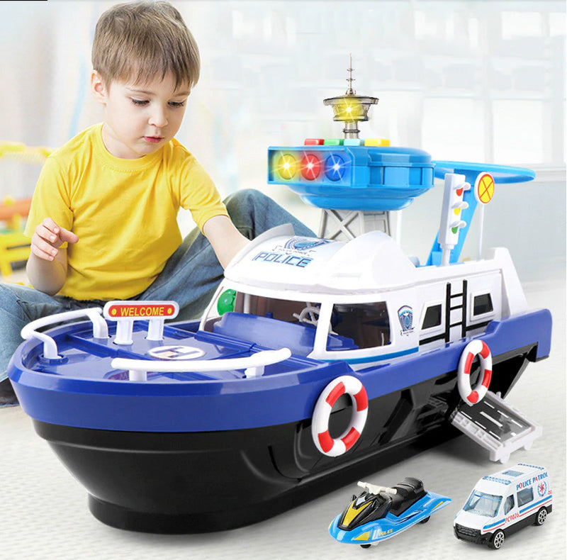 Barca de politie cu sunete si lumini idealSTORE MARINE POLICE Dimensiuni 20 x 17 x 43, Include duba de politie, jet ski, barca cu motor, Stimuleaza imaginatia copilului