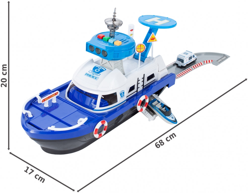 Barca de politie cu sunete si lumini idealSTORE MARINE POLICE Dimensiuni 20 x 17 x 43, Include duba de politie, jet ski, barca cu motor, Stimuleaza imaginatia copilului