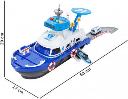 Barca de politie cu sunete si lumini idealSTORE MARINE POLICE Dimensiuni 20 x 17 x 43, Include duba de politie, jet ski, barca cu motor, Stimuleaza imaginatia copilului