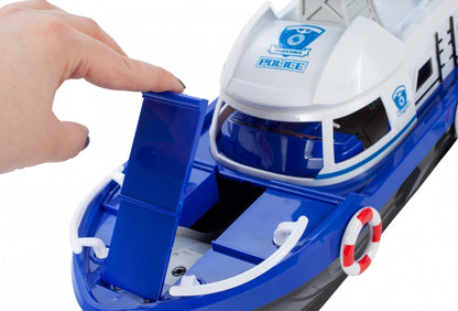 Barca de politie cu sunete si lumini idealSTORE MARINE POLICE Dimensiuni 20 x 17 x 43, Include duba de politie, jet ski, barca cu motor, Stimuleaza imaginatia copilului