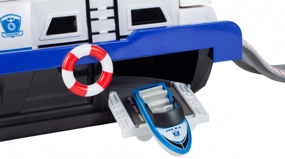 Barca de politie cu sunete si lumini idealSTORE MARINE POLICE Dimensiuni 20 x 17 x 43, Include duba de politie, jet ski, barca cu motor, Stimuleaza imaginatia copilului