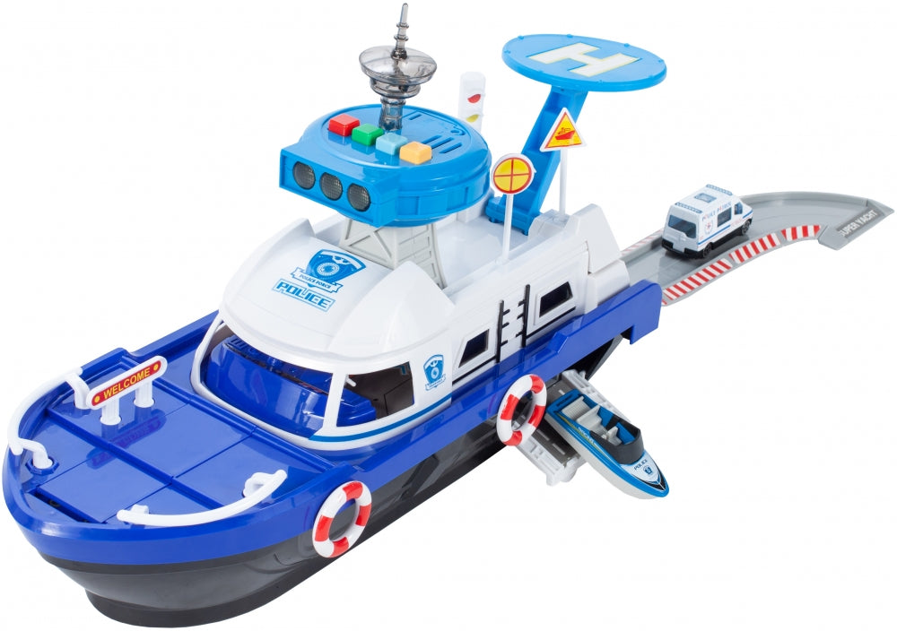 Barca de politie cu sunete si lumini idealSTORE MARINE POLICE Dimensiuni 20 x 17 x 43, Include duba de politie, jet ski, barca cu motor, Stimuleaza imaginatia copilului