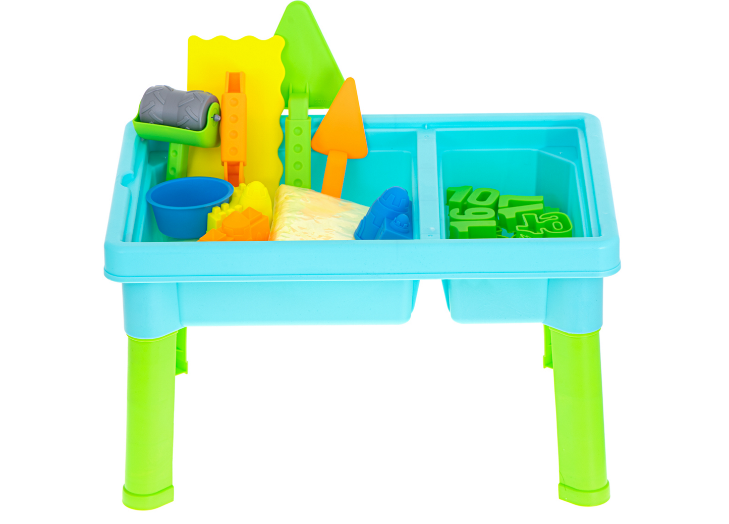 Masuta interactiva pentru copii Learning Table idealSTORE, Dimensiuni 43 x 29 x 26 cm, Include nisip Kinetic, 4 Matrite, Role cu modele, 2 Spatule, Numere de la 1 - 10 si semne matematice, Dezvolta abilitati creative