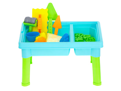 Masuta interactiva pentru copii Learning Table idealSTORE, Dimensiuni 43 x 29 x 26 cm, Include nisip Kinetic, 4 Matrite, Role cu modele, 2 Spatule, Numere de la 1 - 10 si semne matematice, Dezvolta abilitati creative