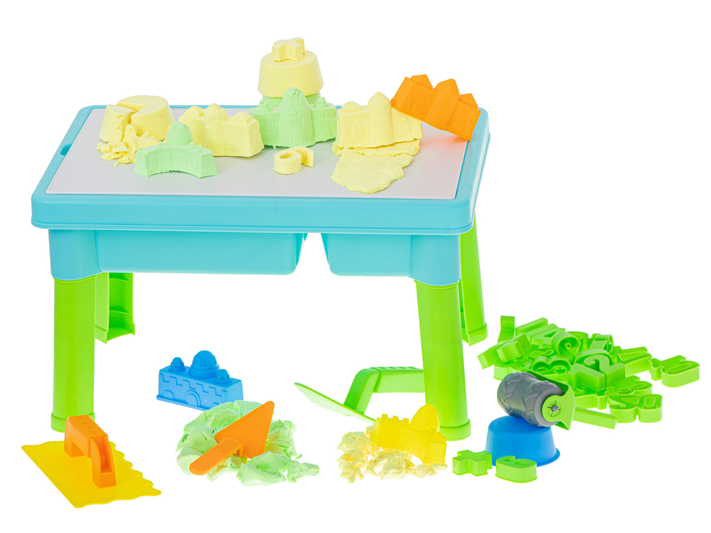 Masuta interactiva pentru copii Learning Table idealSTORE, Dimensiuni 43 x 29 x 26 cm, Include nisip Kinetic, 4 Matrite, Role cu modele, 2 Spatule, Numere de la 1 - 10 si semne matematice, Dezvolta abilitati creative