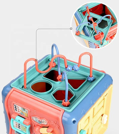 Cub Educativ idealStore PlayAndLearn 6 in 1, Multifunctional, Functii Diversificate, Multitudine de Jocuri, Jucarii Element Colorate, Figuri Geometrice Rezistente, Angrejane Rotative, Structura Solida, Bucla Motorie