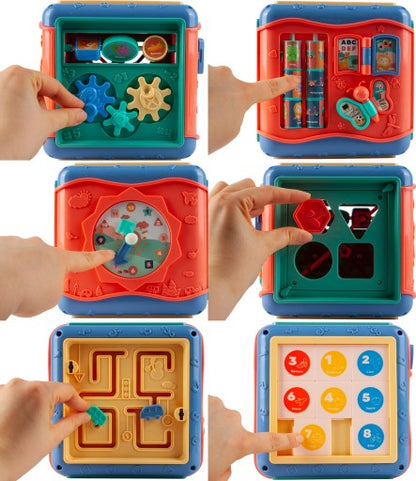 Cub Educativ idealStore PlayAndLearn 6 in 1, Multifunctional, Functii Diversificate, Multitudine de Jocuri, Jucarii Element Colorate, Figuri Geometrice Rezistente, Angrejane Rotative, Structura Solida, Bucla Motorie
