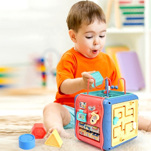 Cub Educativ idealStore PlayAndLearn 6 in 1, Multifunctional, Functii Diversificate, Multitudine de Jocuri, Jucarii Element Colorate, Figuri Geometrice Rezistente, Angrejane Rotative, Structura Solida, Bucla Motorie