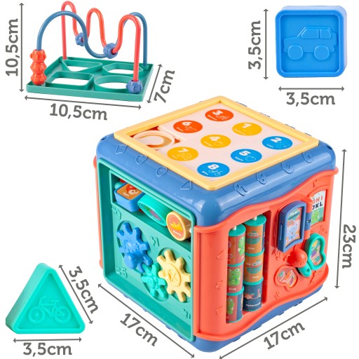 Cub Educativ idealStore PlayAndLearn 6 in 1, Multifunctional, Functii Diversificate, Multitudine de Jocuri, Jucarii Element Colorate, Figuri Geometrice Rezistente, Angrejane Rotative, Structura Solida, Bucla Motorie