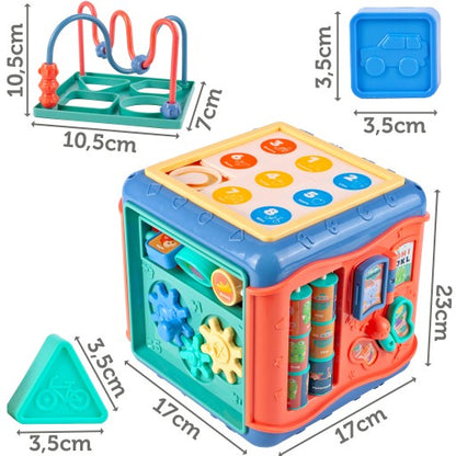 Cub Educativ idealStore PlayAndLearn 6 in 1, Multifunctional, Functii Diversificate, Multitudine de Jocuri, Jucarii Element Colorate, Figuri Geometrice Rezistente, Angrejane Rotative, Structura Solida, Bucla Motorie