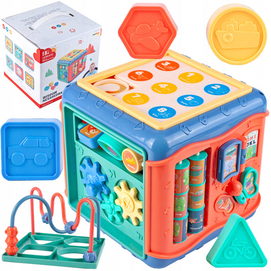 Cub Educativ idealStore PlayAndLearn 6 in 1, Multifunctional, Functii Diversificate, Multitudine de Jocuri, Jucarii Element Colorate, Figuri Geometrice Rezistente, Angrejane Rotative, Structura Solida, Bucla Motorie