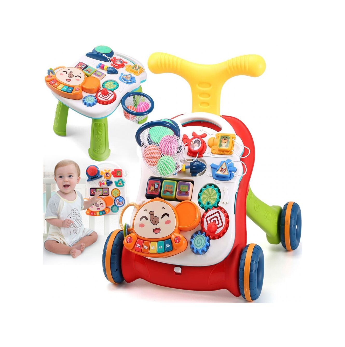 Antepremergator Baby Elephant 3 in 1 IdealStore, Echipat cu panou interactiv detasabil, Acesta se poate transforma si intr-o masuta de activitati cu sunete, Cos de baschet cu 3 mingi incluse, Culoare Rosu