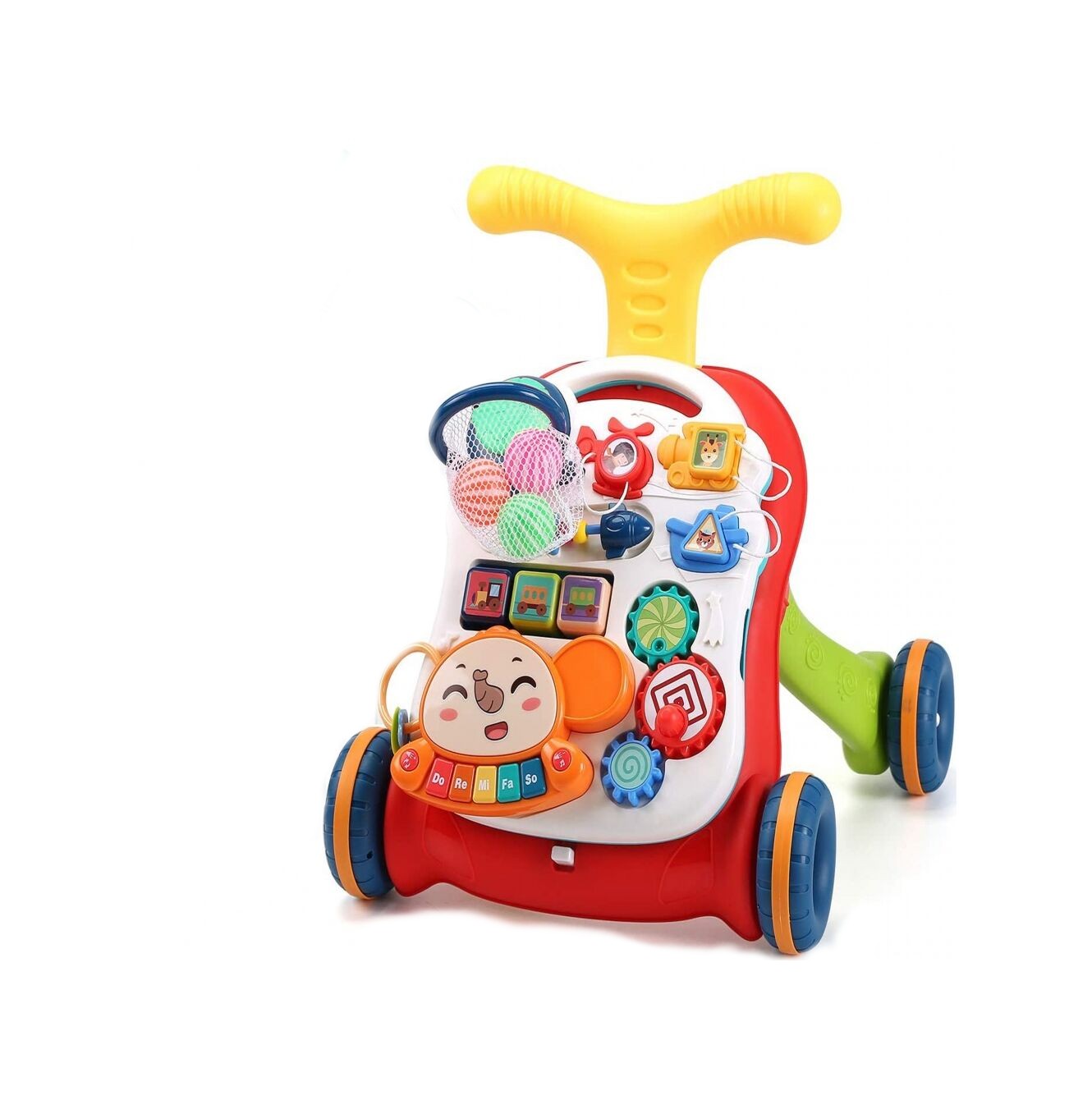 Antepremergator Baby Elephant 3 in 1 IdealStore, Echipat cu panou interactiv detasabil, Acesta se poate transforma si intr-o masuta de activitati cu sunete, Cos de baschet cu 3 mingi incluse, Culoare Rosu