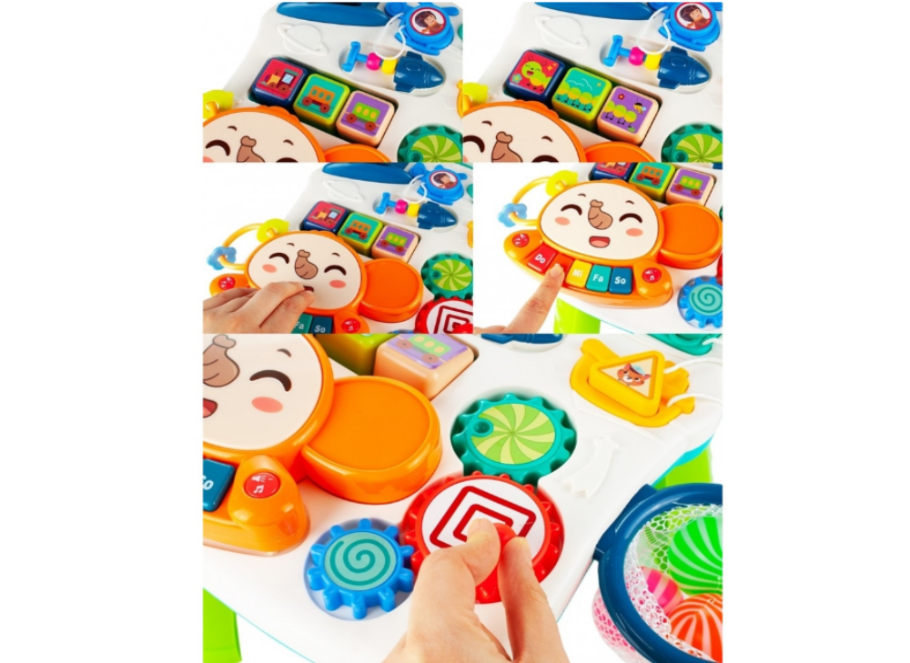 Antepremergator Baby Elephant 3 in 1 IdealStore, Echipat cu panou interactiv detasabil, Acesta se poate transforma si intr-o masuta de activitati cu sunete, Cos de baschet cu 3 mingi incluse, Culoare Rosu