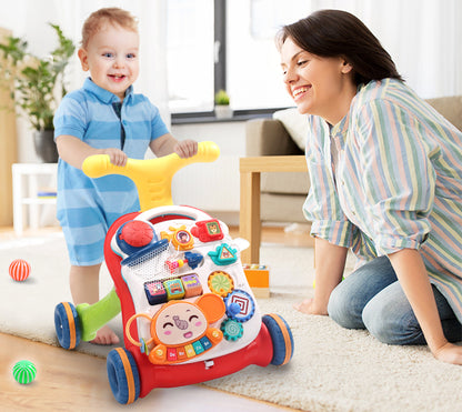 Antepremergator Baby Elephant 3 in 1 IdealStore, Echipat cu panou interactiv detasabil, Acesta se poate transforma si intr-o masuta de activitati cu sunete, Cos de baschet cu 3 mingi incluse, Culoare Rosu